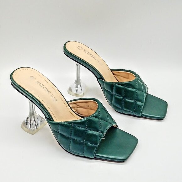 Maiernisi Jessi Green Quilted Square Open Toe Clear Heel Mules - Picture 3 of 8